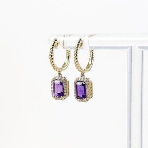 14k Yellow Gold Amethyst / Diamond Halo Drop Dangle Earring NWT
